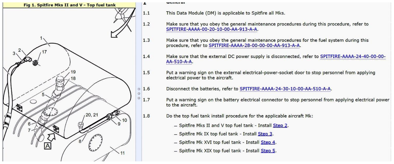The new interactive electronic Spitfire Aircraft Manual. Here the user is following step by step instructions for installing the Spitfire Mk V top fuel (with a zoomed in diagram).