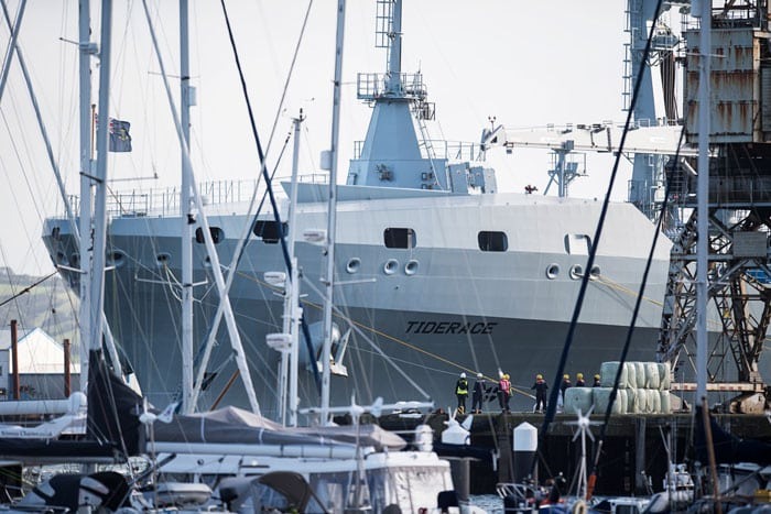 A large grey navy tanker ship