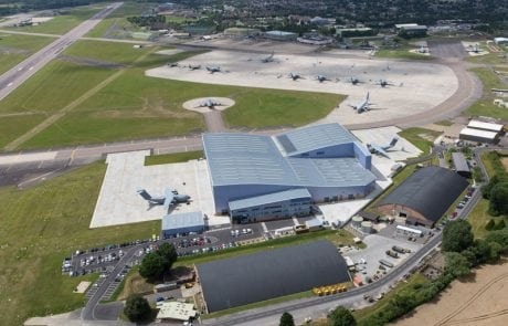 Military airport hangar seen from above