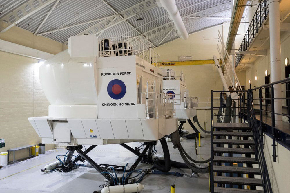 A helicopter simulator on pneumatic legs