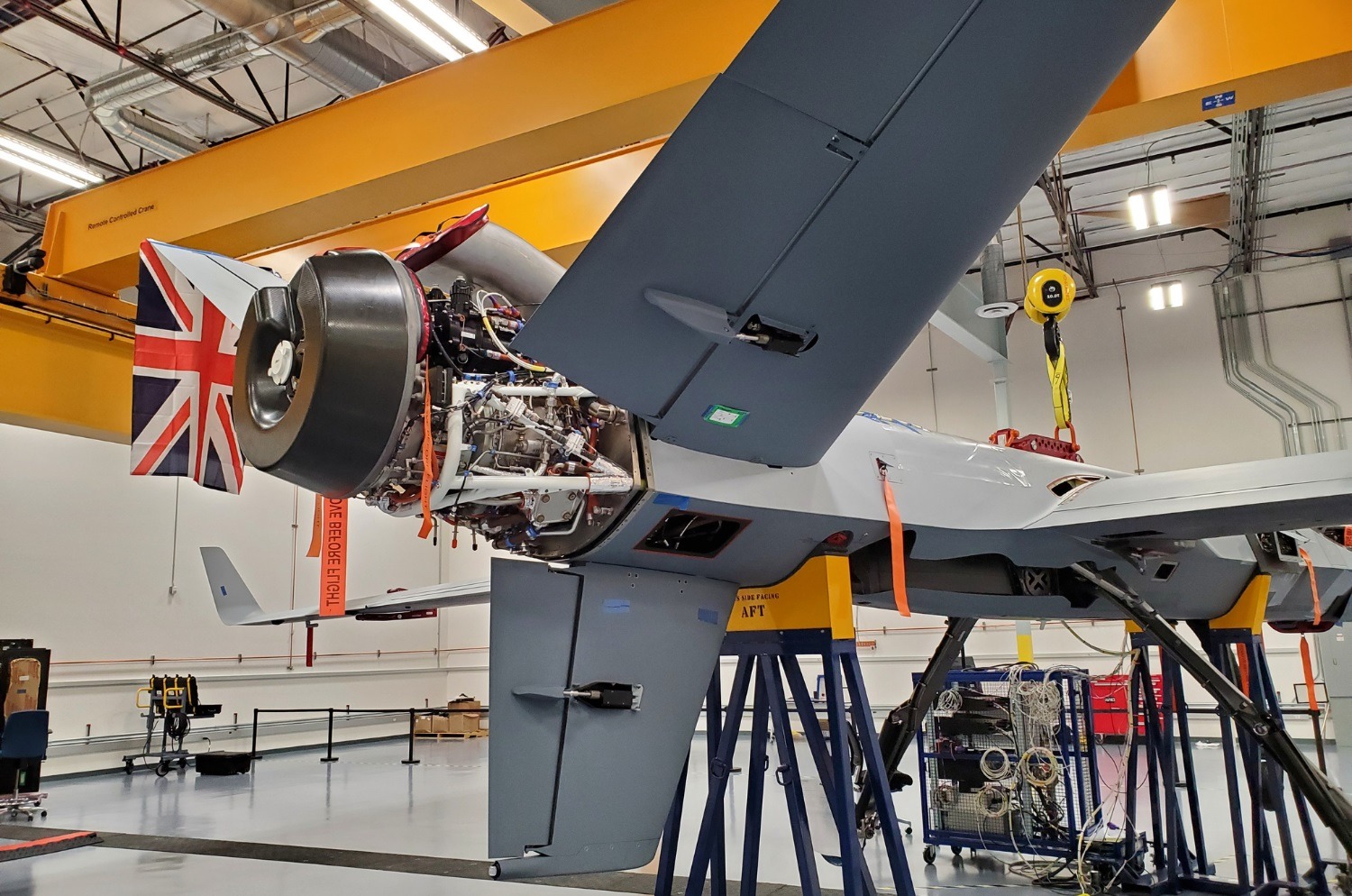 First UK manufactured V-tails fitted to new Protector aircraft .