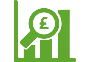 Finance at DES MOD - green icon graph with magnifying glass