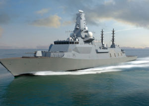 computer generated image of a grey ship with blue skies and sea