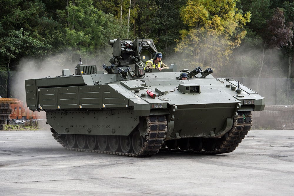 A green military armoured vehicle