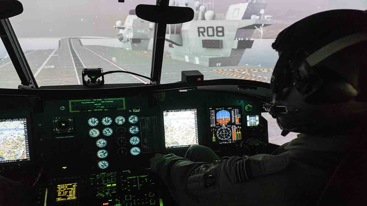 Inside a helicopter cockpit simulator