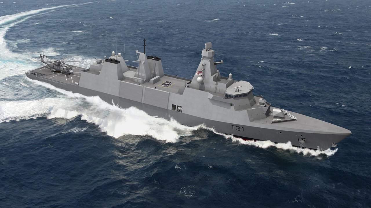 Computer generated image of a large grey ship turning in the sea with a grey helicopter on the deck of the ship