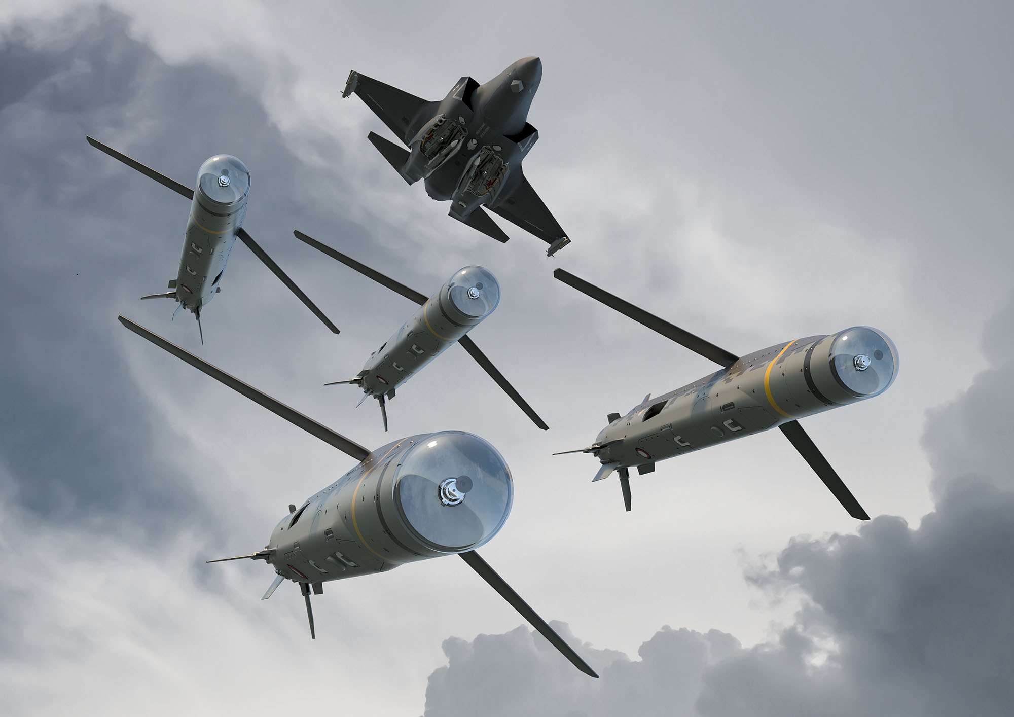 A group of missiles with wings spread fly towards the camera as a grey plane flies above, having launched them against a grey sky