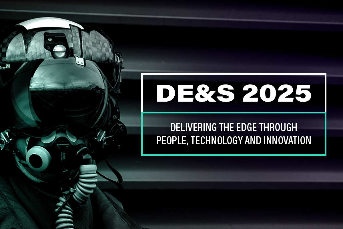 DE&S strategy 2025 banner showing pilot in futuristic flying mask with text DE&S 2025 Delivering the edge through people, technology and innovation