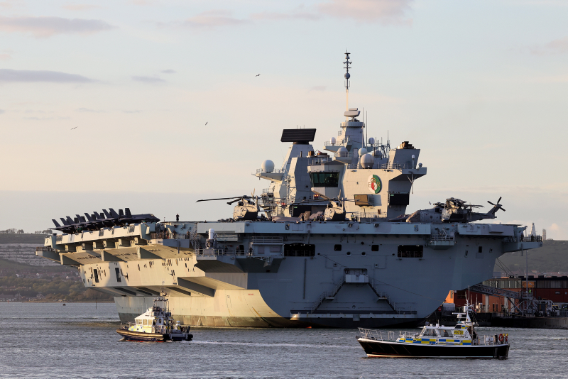 HMS Queen Elizabeth in the harbour before setting sail from Portsmouth with Carrier Strike Group