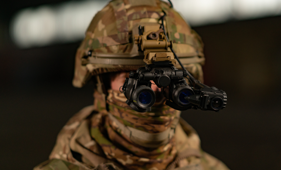 A soldier wearing night-vision goggles