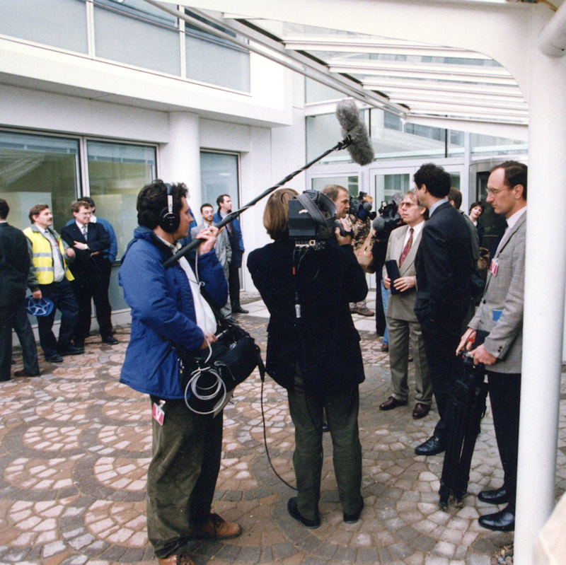 Staff being interview by radio inside one of the new Abbey Wood buildings in 1996
