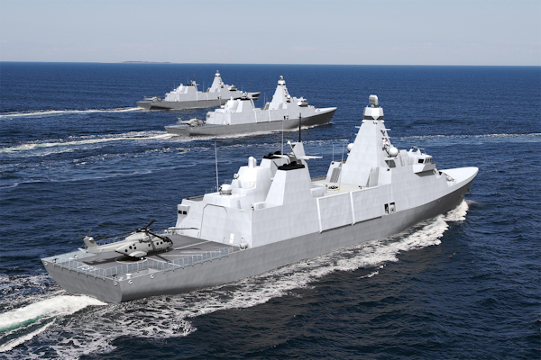 Artist's impression of three Type 31 frigates sailing alongside each other