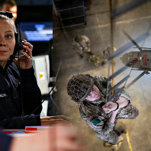 Composite image of naval person in control room with headphones, soldier hanging from a rope ladder