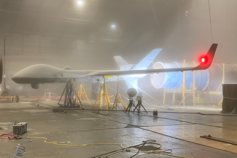 Protector Remotely Piloted Aircraft System undergoing environmental testing in an aircraft hanger