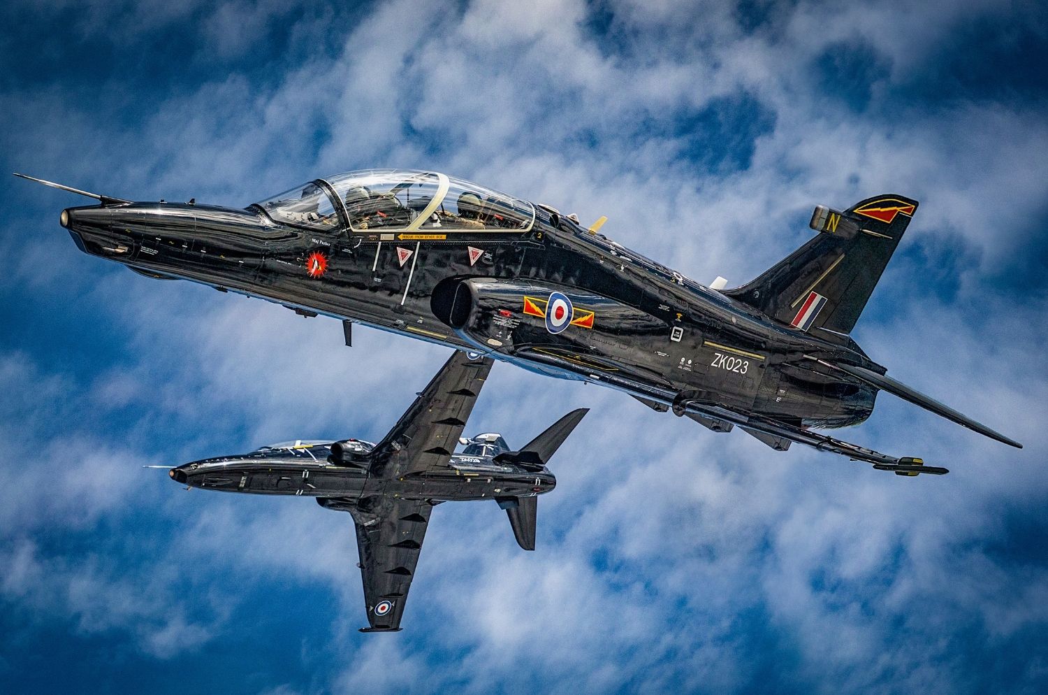 Two Hawk T2 training aircrafts which provide fast jet training for trainee pilots as part of the UK Military Flying Training System