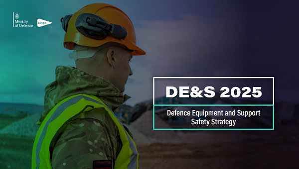 Front cover of the DE&S Safety and Support Strategy. Man in high vis jacket and orange hard hat.