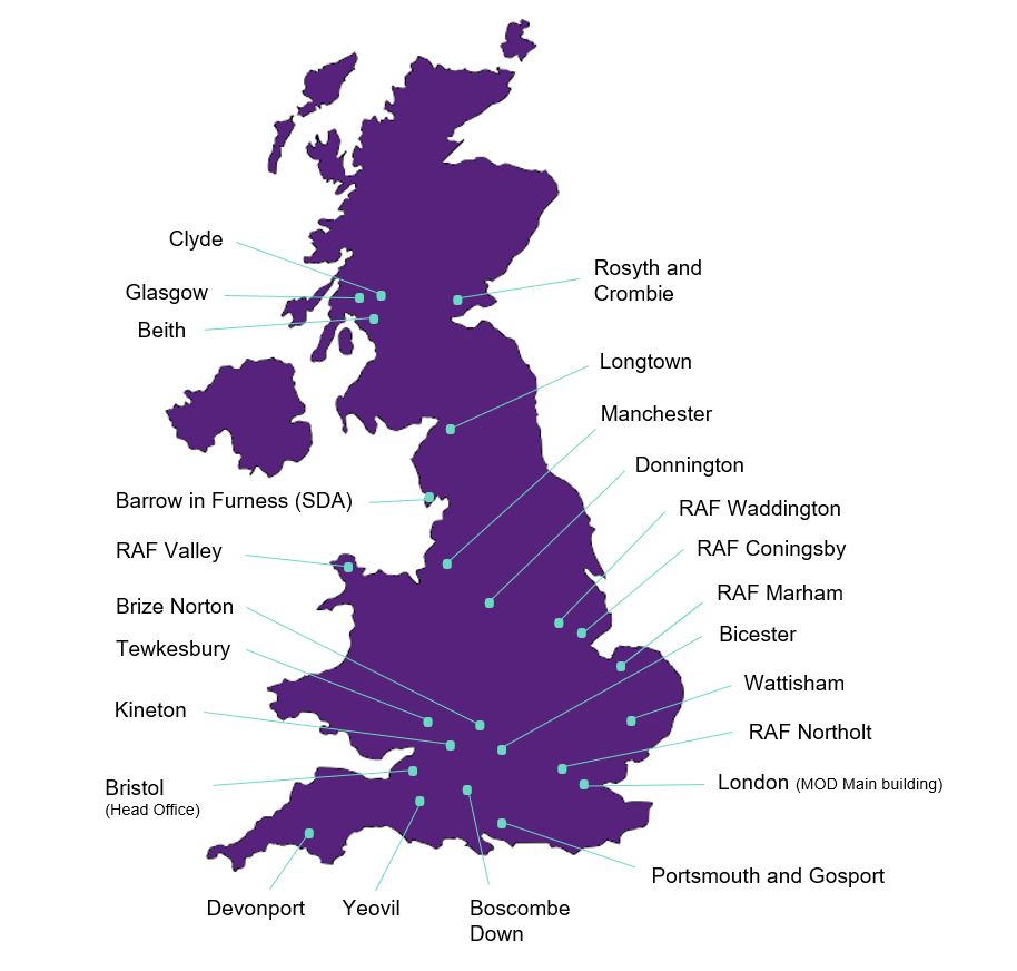 A purple map showing DE&S and SDA sites across the UK