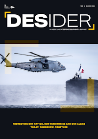 Desider front cover showing a Royal Navy Merlin MK2 helicopter and the French submarine Amethyste participating in Exercise Steadfast Defender 24 off the coast of Norway.