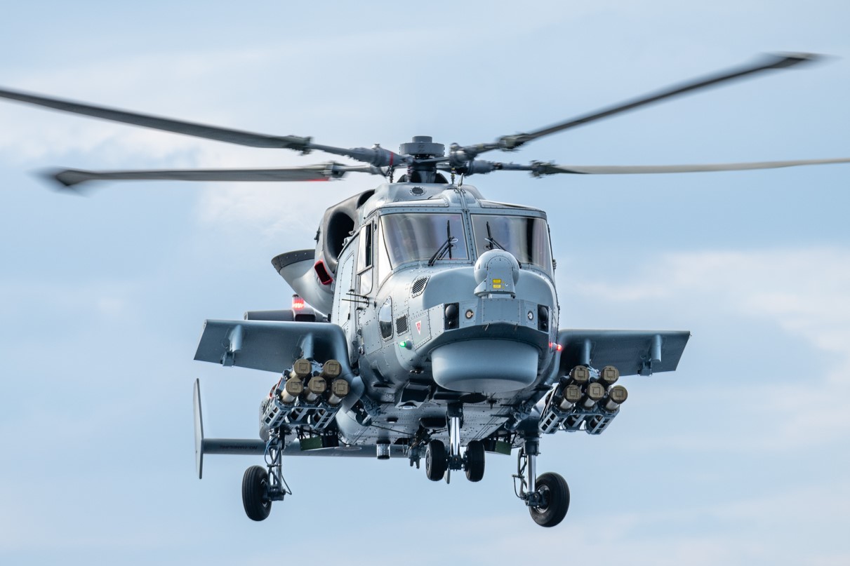 A Royal Navy Wildcat helicopter equipped with the Martlet missile system