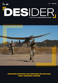 A demonstration of Desider front cover showing picture of the upgraded Puma Long Endurance UAS being launched.