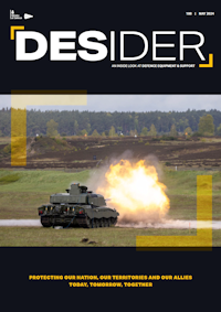 Desider May 2024 front cover showing a British Army Challenger 3 Main Battle Tank fires a round during trials in Südheide, Germany