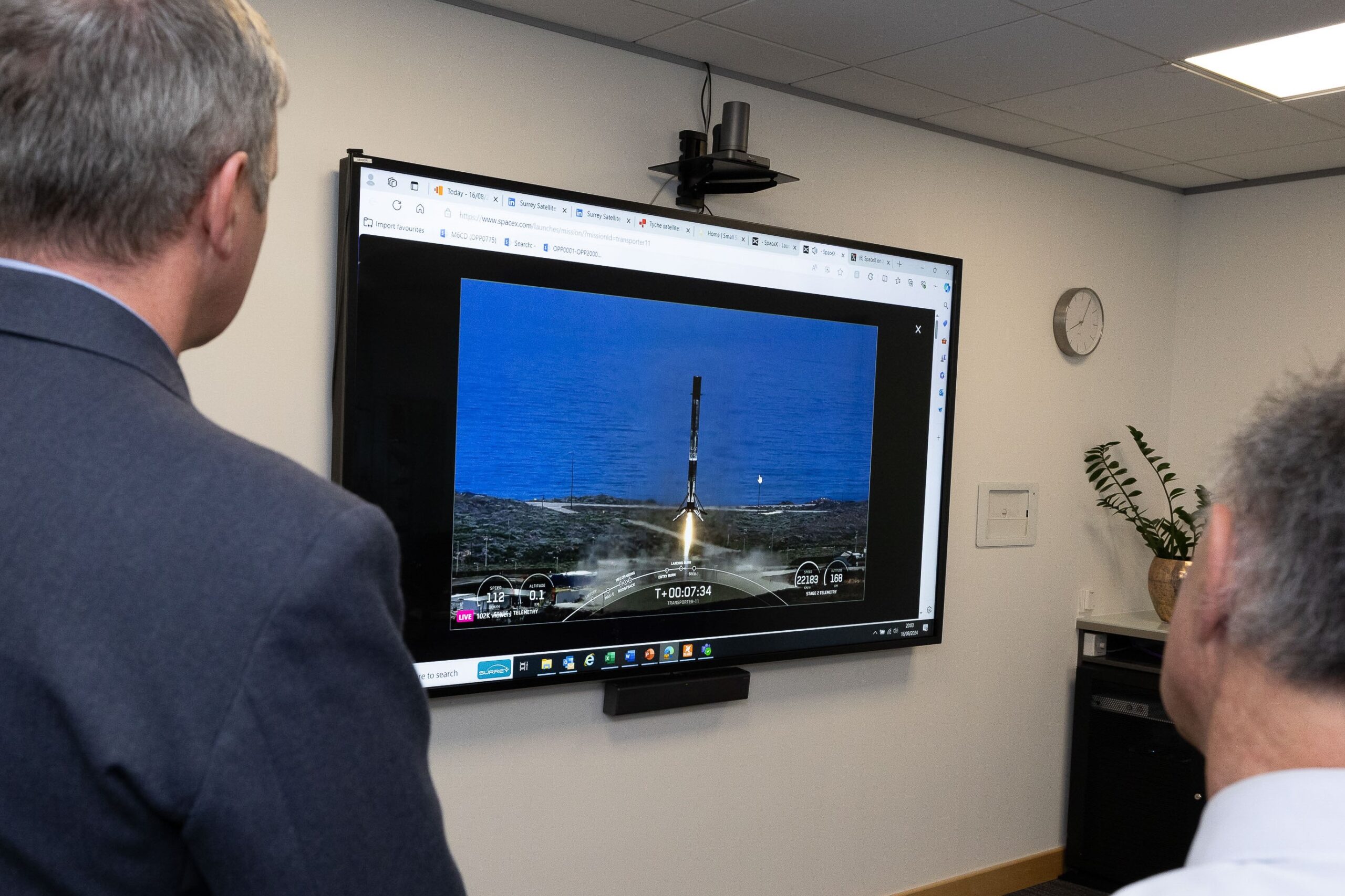 Personnel from UK Space Command, DE&S and SSTL watch live as the Tyche satellite is launched from the SpaceX Falcon 9 re-usable rocket