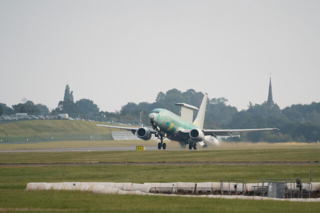 The first E-7 Wedgetail takes off at Birmingham Airport.