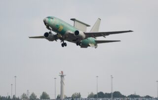 The first E-7 Wedgetail takes off at Birmingham Airport.