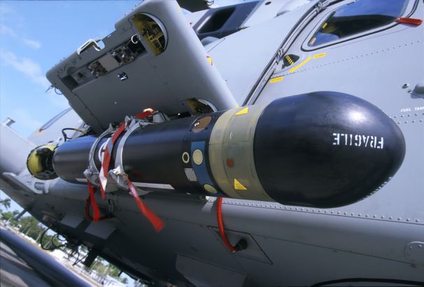 Close up of sting ray missile attached to side of helicopter