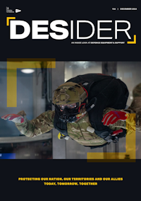 Desider cover showing parachutist wearing full breathing apparatus equipment in test free fall environment suspended in the air