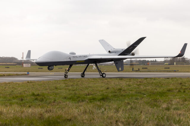 A Protector remotely piloted aircraft on the runway at RAF Waddington