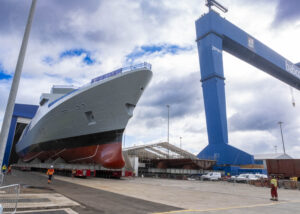 First Type 31 frigate HMS Venturer pictured rolling out of Babcock shed in Rosyth, Scotland
