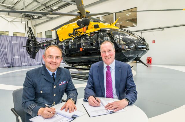 Handover-22_web_social Group Captain Rob Hart, UK MOD’s Senior Responsible Owner for H145, and Richard Atack, Managing Director at Airbus Helicopters UK, at the handover of the first of the new H145 helicopter fleet.