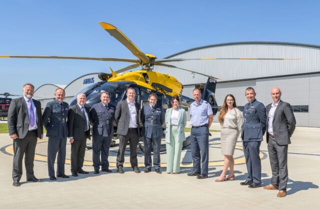 Handover-5_web2_social Members of UK Ministry of Defence and Airbus Helicopters UK in front of the first of the new H145 helicopter fleet at Airbus' Oxford site.