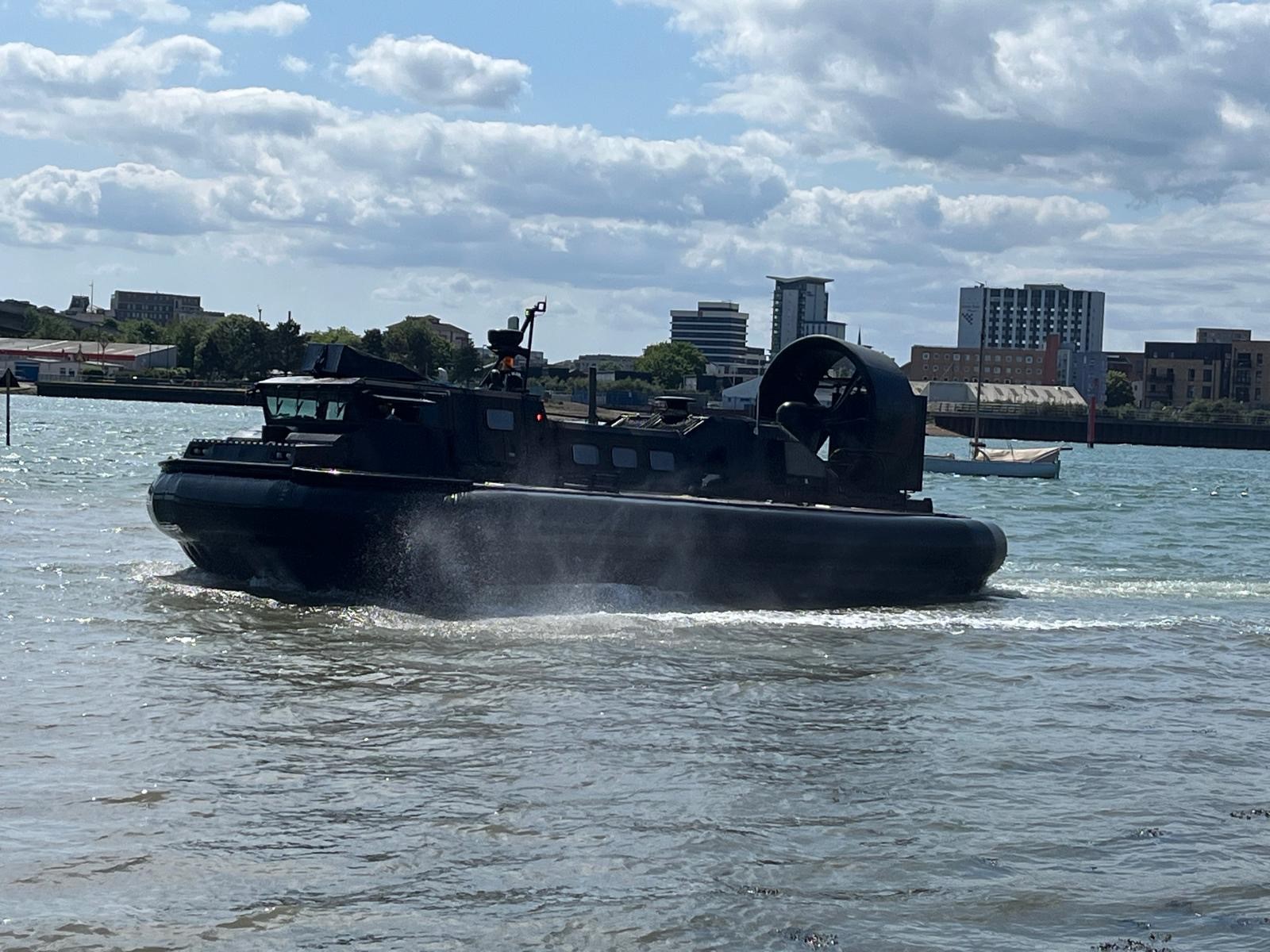 A Royal Navy Landing Craft Air Cushion (Light) (LCAC(L)) hovercraft on water